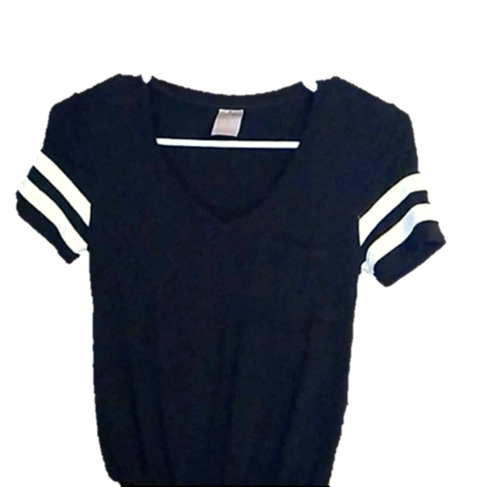 Short Sleeve, Black T-Shirt, with Whites Stripes on Sleeves